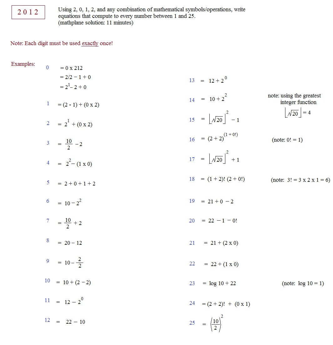 2012 number puzzle mathplane solutions